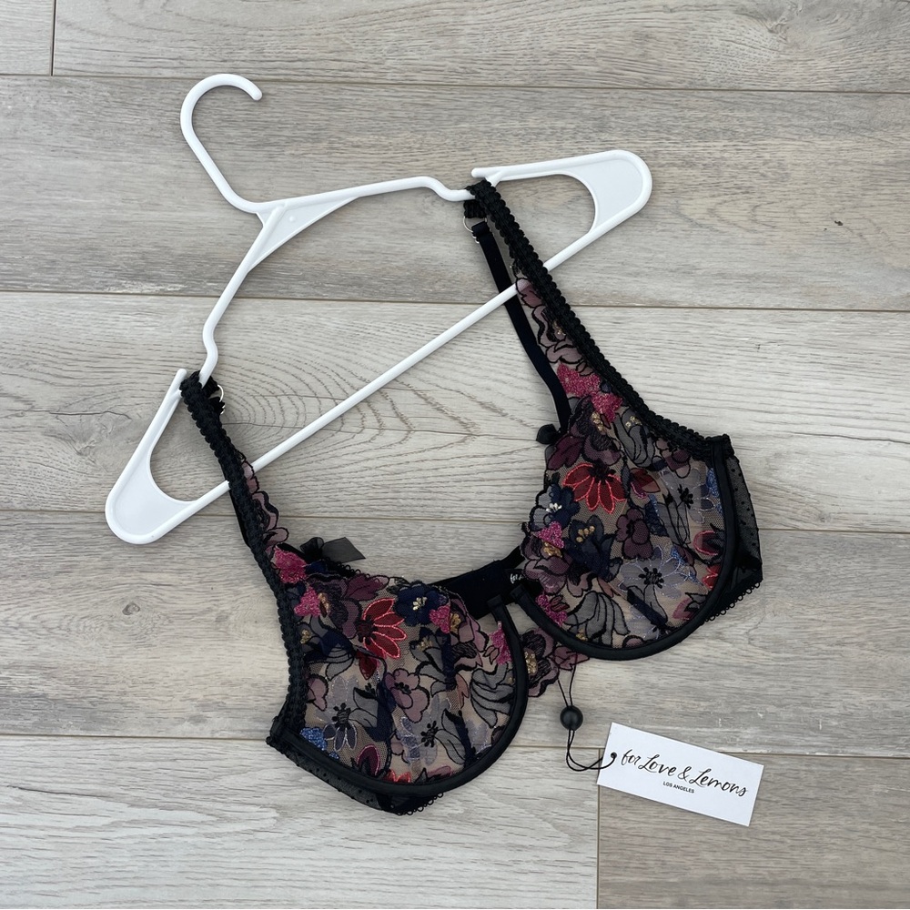 For Love And Lemons Floral Lace Bra - Black and Pink